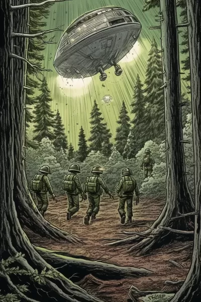 太陽下的秘密：破碎的UFO，軍方突擊隊員接近深林中的墜毀現場