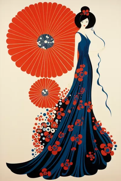 艾爾特（Erté）和杰克·休斯（Jack Hughes）合作設(shè)計(jì)的扁平風(fēng)格海報(bào)，美麗的舞者穿著由多彩的阿迪雷花紋絲綢制成的長(zhǎng)裙，在純白背景上跳動(dòng)著瑪莎·格雷厄姆（Martha Graham）的現(xiàn)代芭蕾舞蹈。