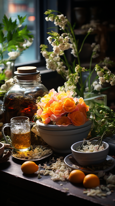 茶花廚房，古樸花葉共舞