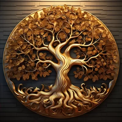 黃金樹紋高浮雕，生命之樹風(fēng)格，仿效所示，提高圖像分辨率和大小，增加像素，4K，銳度AR