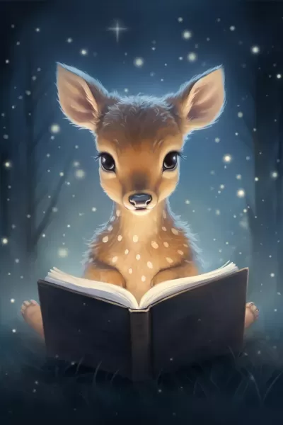 童書插畫：可愛(ài)小鹿讀故事書，星空燈光下的抽象藝術(shù)，唯美細(xì)膩手繪，嬰兒房裝飾。