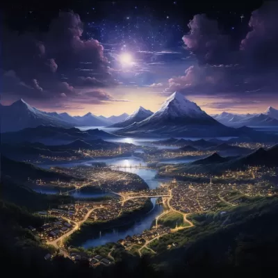 群山巔峰3星辰，璀璨夜空映城市，河谷水潤融和。