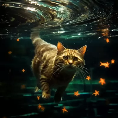 翱翔水中的貓咪，翅膀上的魚兒，星光軌跡攝影，絢麗32K高動態范圍。