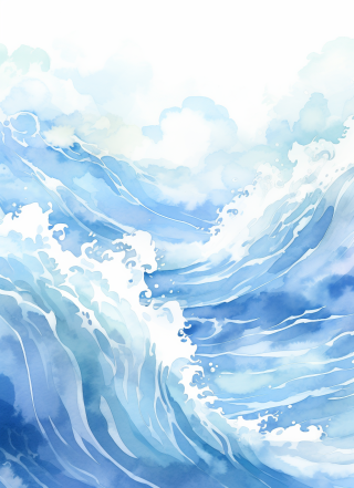水墨风水，蓝色波浪，水下世界，手绘插画，高清背景，8k