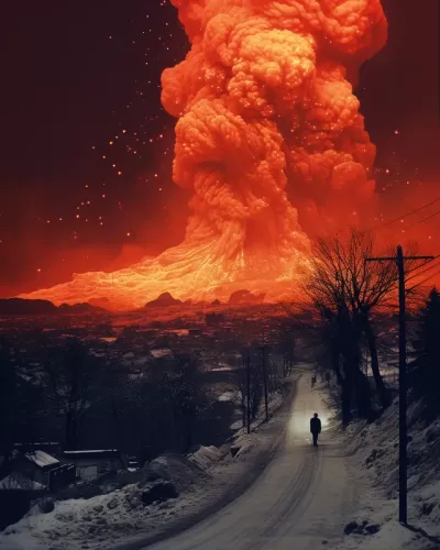 夜晚的冬日雪中，蘇聯失落小鎮街頭涌動著火山熔巖河，催人心動的1960年代復古拼貼。