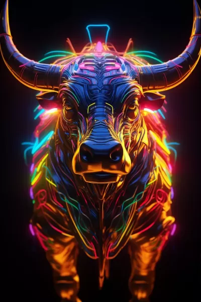 超寫實絢麗電子比特幣，細致呈現霓虹色3D渲染閃耀光芒