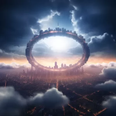 云中飄浮的城市，環形光影，懸浮之美