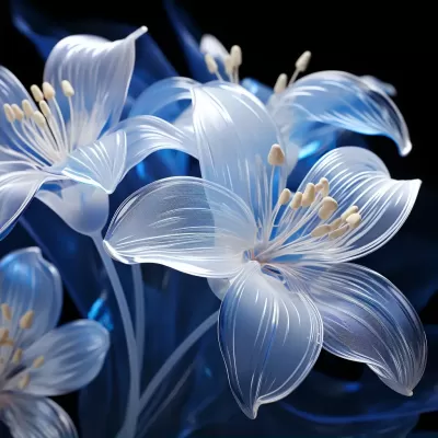 水藍百合花織物，精確超寫實墻紙，輕盈，透明，柔和的光線，極簡主義，淺色調，流動透明，迷人的色彩景觀，現代極簡主義，3D渲染，虛幻引擎5，工業設計，放大拍攝，等軸測視角，Blender，Octane渲染，C4D，16K。