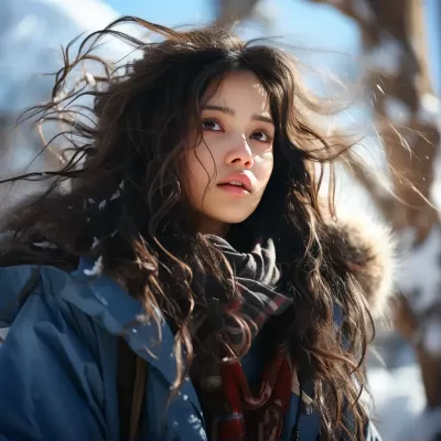 《醫院出院的少女，長發飄雪間，穿著藍白條紋衣，中國古風2.5D漫畫，別樣迷人》