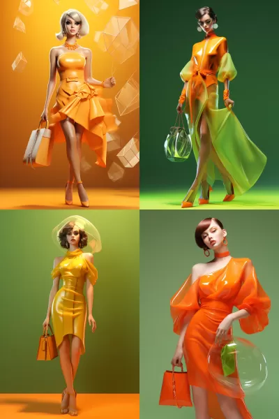 “迷人的時(shí)尚姿態(tài)，透明中的扭曲藝術(shù)——橙裙女郎，Daz3D的極簡裝扮，強(qiáng)烈震撼的霓虹色調(diào)”