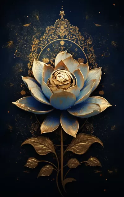 蓮花，拜占庭藝術，天體，皇家藍與古老金的風格，色彩褪去，低飽和度，紋理背景。
