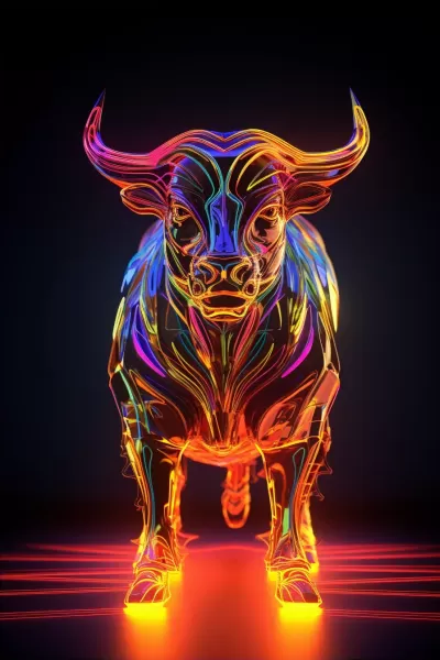 超寫實絢麗電子比特幣，細致呈現霓虹色3D渲染閃耀光芒