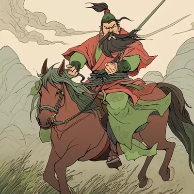 《水滸傳》關(guān)羽，長須威猛，戴帽騎馬，手握巨刀，驚世駭人草原上，紅綠古風(fēng)墨漫。