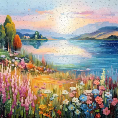 花海湖泊的印象派畫作，連續動作拼圖，64K高清，繁花盛景