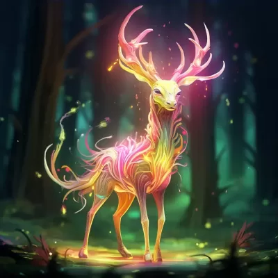 神奇的彩色森林中的美麗明亮的綠黃粉魔法鹿