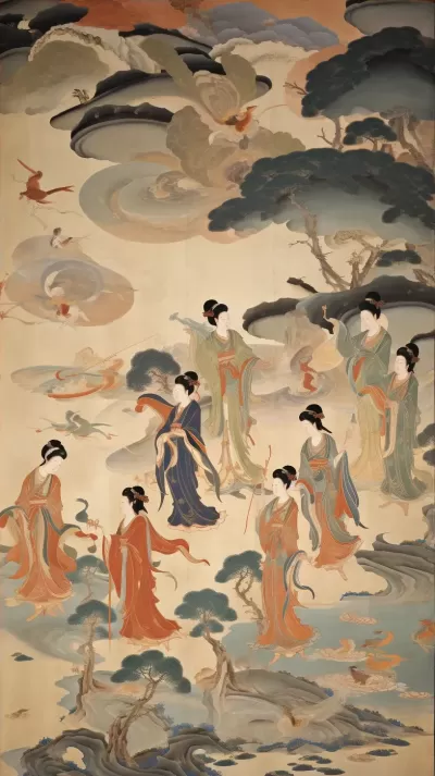 絲綢仙境：飛舞于天空的無數妖精，優雅而典雅，唐代敦煌壁畫之美。