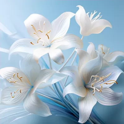 水藍百合花織物，精確超寫實墻紙，輕盈，透明，柔和的光線，極簡主義，淺色調，流動透明，迷人的色彩景觀，現代極簡主義，3D渲染，虛幻引擎5，工業設計，放大拍攝，等軸測視角，Blender，Octane渲染，C4D，16K。