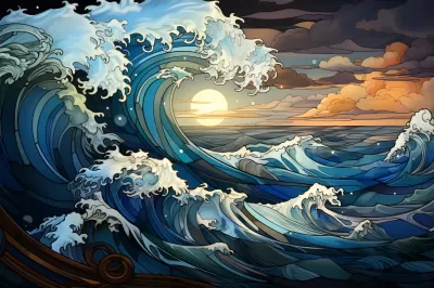 海洋波浪玻璃圖解，艷麗綻放的窗景