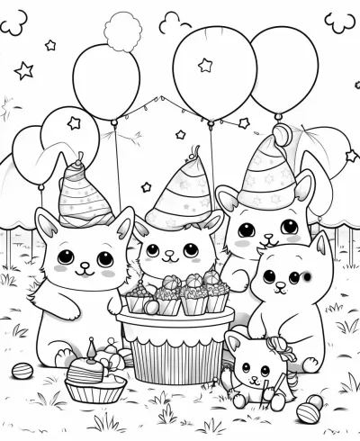 可愛動物的田野野餐，戴上迷你派對帽子，色彩斑斕的氣球飄蕩，歡快可愛，生動活潑的插圖，兒童彩色頁。