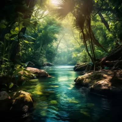 沙漠中的叢林中，流淌著清澈的河流