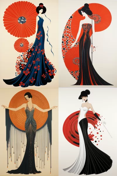 艾爾特（Erté）和杰克·休斯（Jack Hughes）合作設(shè)計(jì)的扁平風(fēng)格海報(bào)，美麗的舞者穿著由多彩的阿迪雷花紋絲綢制成的長(zhǎng)裙，在純白背景上跳動(dòng)著瑪莎·格雷厄姆（Martha Graham）的現(xiàn)代芭蕾舞蹈。