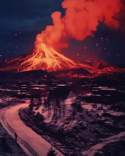 夜晚的冬日雪中，蘇聯失落小鎮街頭涌動著火山熔巖河，催人心動的1960年代復古拼貼。