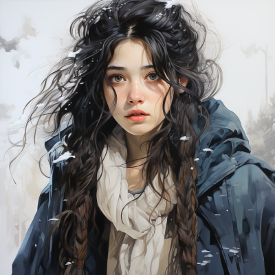 《醫院出院的少女，長發飄雪間，穿著藍白條紋衣，中國古風2.5D漫畫，別樣迷人》