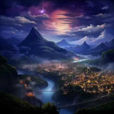 群山巔峰3星辰，璀璨夜空映城市，河谷水潤融和。