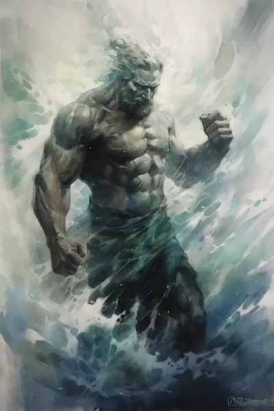 “海底奇觀，波濤洶涌，水彩畫般的藍(lán)綠色調(diào)，海王波塞冬登場”