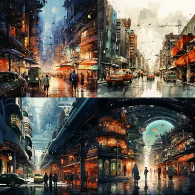 “絢麗科幻水彩，城市街景現世光影，16k細節璀璨綻放”