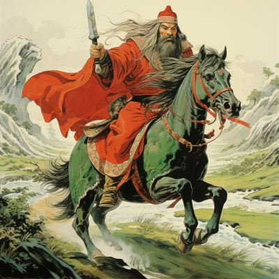 《水滸傳》關(guān)羽，長須威猛，戴帽騎馬，手握巨刀，驚世駭人草原上，紅綠古風(fēng)墨漫。