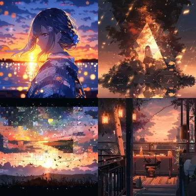 夜幕降臨，美麗光暈，側面視角，拼貼風格，4K高清。