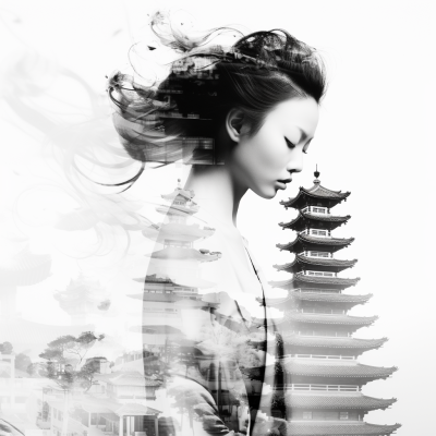 中國(guó)美女與現(xiàn)代城市建筑的多重曝光攝影：超高清創(chuàng)意與現(xiàn)實(shí)效果