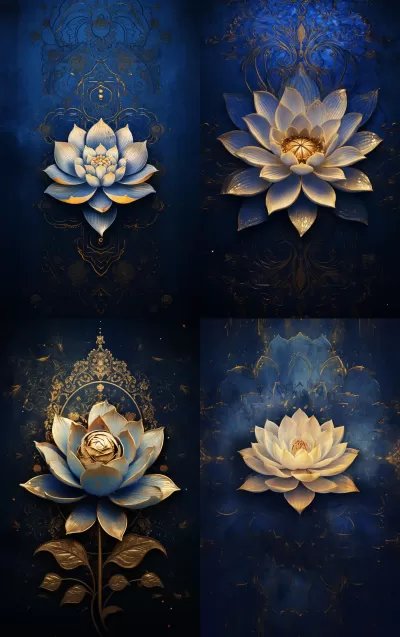 蓮花，拜占庭藝術，天體，皇家藍與古老金的風格，色彩褪去，低飽和度，紋理背景。