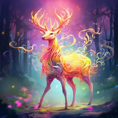 神奇的彩色森林中的美麗明亮的綠黃粉魔法鹿