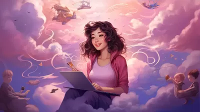 《想象中的世界》：少女紙上寫滿快樂，想象中的角色躍入粉云，數字插畫，紫羅蘭和洋紅交織。