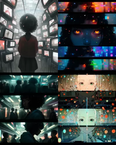 黑鏡電視劇中的電影靜幀。由Polina Washington、Chris Cunningham和Yoshitomo Nara在2003年倫敦合作創(chuàng)作。超現(xiàn)實主義。人工智能。