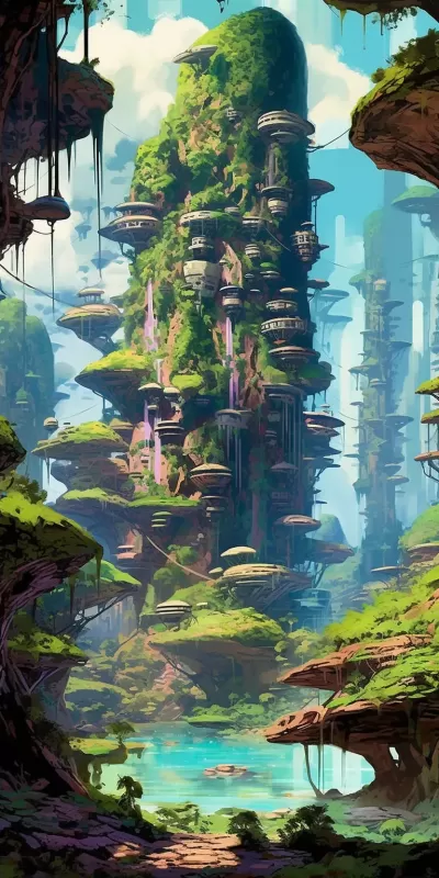 未來幻想世界：童話般魅力驚艷建筑、瀑布水從苔石傾瀉、紅木森林、波西米亞未來天堂、樹枝般連接的高架步道，超廣角，以Syd Mead、Ana Maria Edulescu和Paul Lik風格，ASCII藝術。