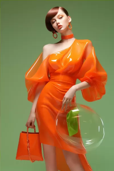 “迷人的時(shí)尚姿態(tài)，透明中的扭曲藝術(shù)——橙裙女郎，Daz3D的極簡裝扮，強(qiáng)烈震撼的霓虹色調(diào)”