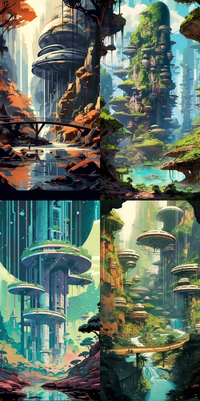 未來幻想世界：童話般魅力驚艷建筑、瀑布水從苔石傾瀉、紅木森林、波西米亞未來天堂、樹枝般連接的高架步道，超廣角，以Syd Mead、Ana Maria Edulescu和Paul Lik風格，ASCII藝術。