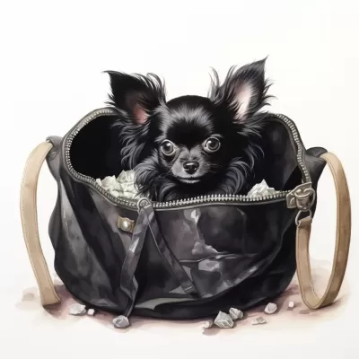 “黑色長毛吉娃娃犬坐在手提包里，小爪伸出來，清晰細膩的白色背景中的水彩畫”
