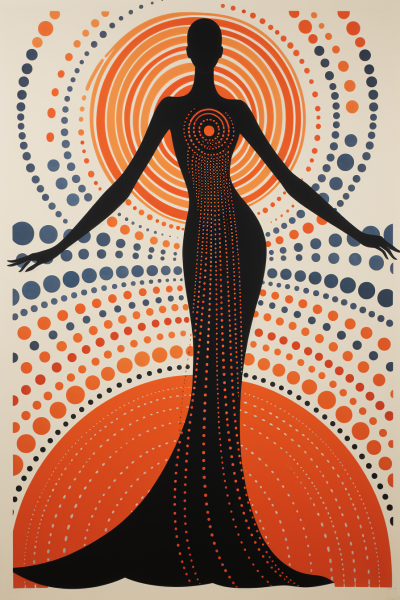 艾爾特（Erté）和杰克·休斯（Jack Hughes）合作設(shè)計(jì)的扁平風(fēng)格海報(bào)，美麗的舞者穿著由多彩的阿迪雷花紋絲綢制成的長(zhǎng)裙，在純白背景上跳動(dòng)著瑪莎·格雷厄姆（Martha Graham）的現(xiàn)代芭蕾舞蹈。