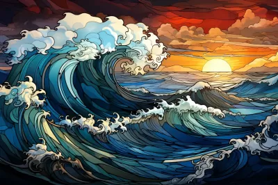海洋波浪玻璃圖解，艷麗綻放的窗景
