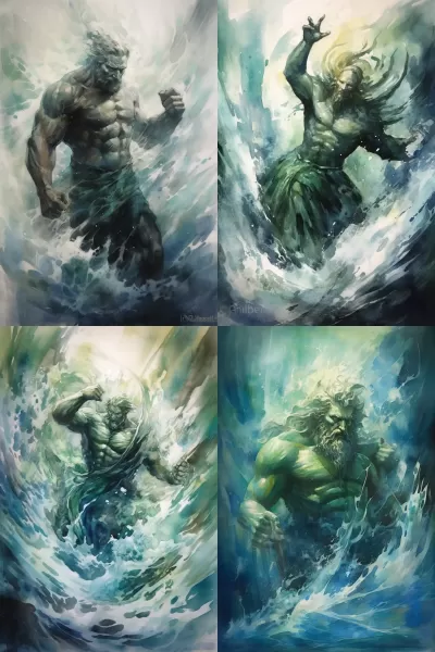 “海底奇觀，波濤洶涌，水彩畫般的藍(lán)綠色調(diào)，海王波塞冬登場”