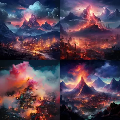 煙霧繚繞下的絢麗都市，山川與霓虹交相輝映