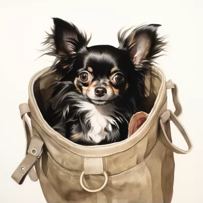 “黑色長毛吉娃娃犬坐在手提包里，小爪伸出來，清晰細膩的白色背景中的水彩畫”