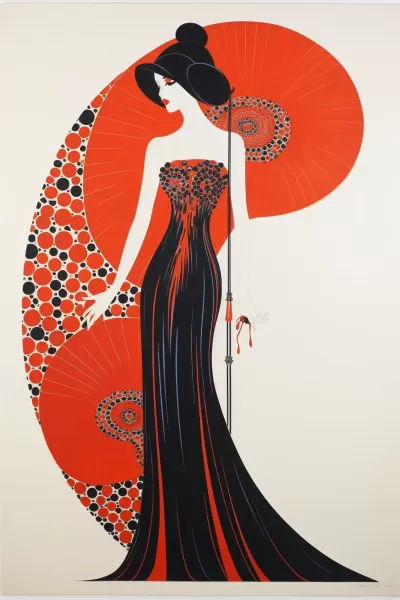 艾爾特（Erté）和杰克·休斯（Jack Hughes）合作設(shè)計(jì)的扁平風(fēng)格海報(bào)，美麗的舞者穿著由多彩的阿迪雷花紋絲綢制成的長(zhǎng)裙，在純白背景上跳動(dòng)著瑪莎·格雷厄姆（Martha Graham）的現(xiàn)代芭蕾舞蹈。