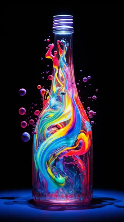 彩虹液體中的可口可樂瓶黑光海報