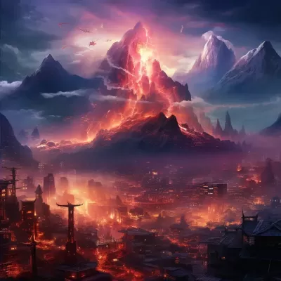 煙霧繚繞下的絢麗都市，山川與霓虹交相輝映