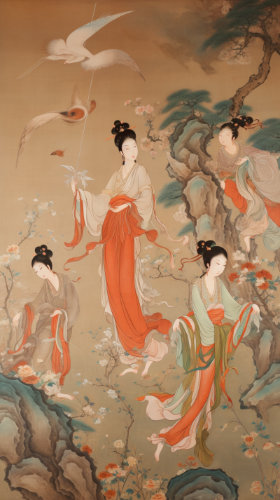 絲綢仙境：飛舞于天空的無數妖精，優雅而典雅，唐代敦煌壁畫之美。